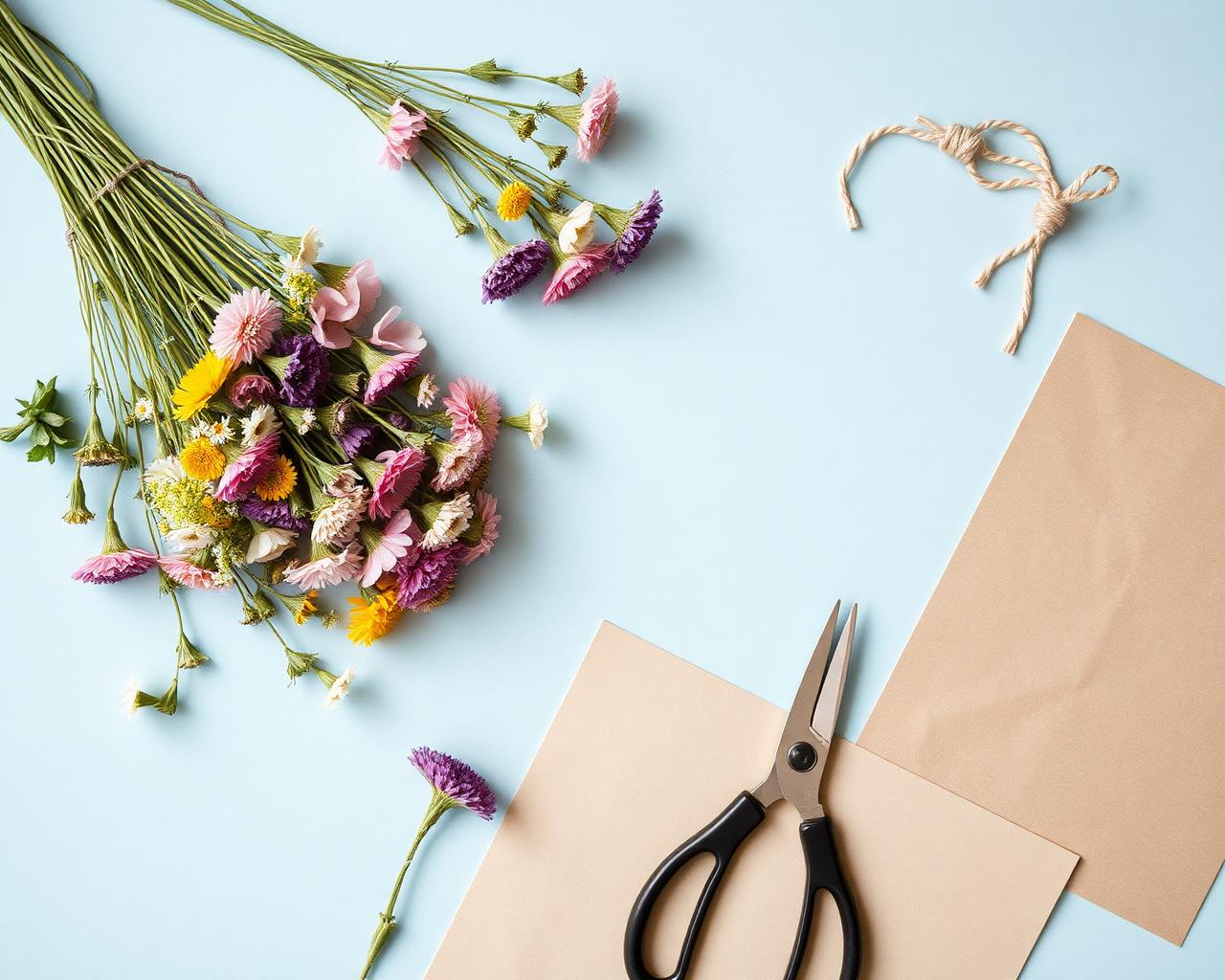 Loose flowers, shears and twine on a pale blue surface