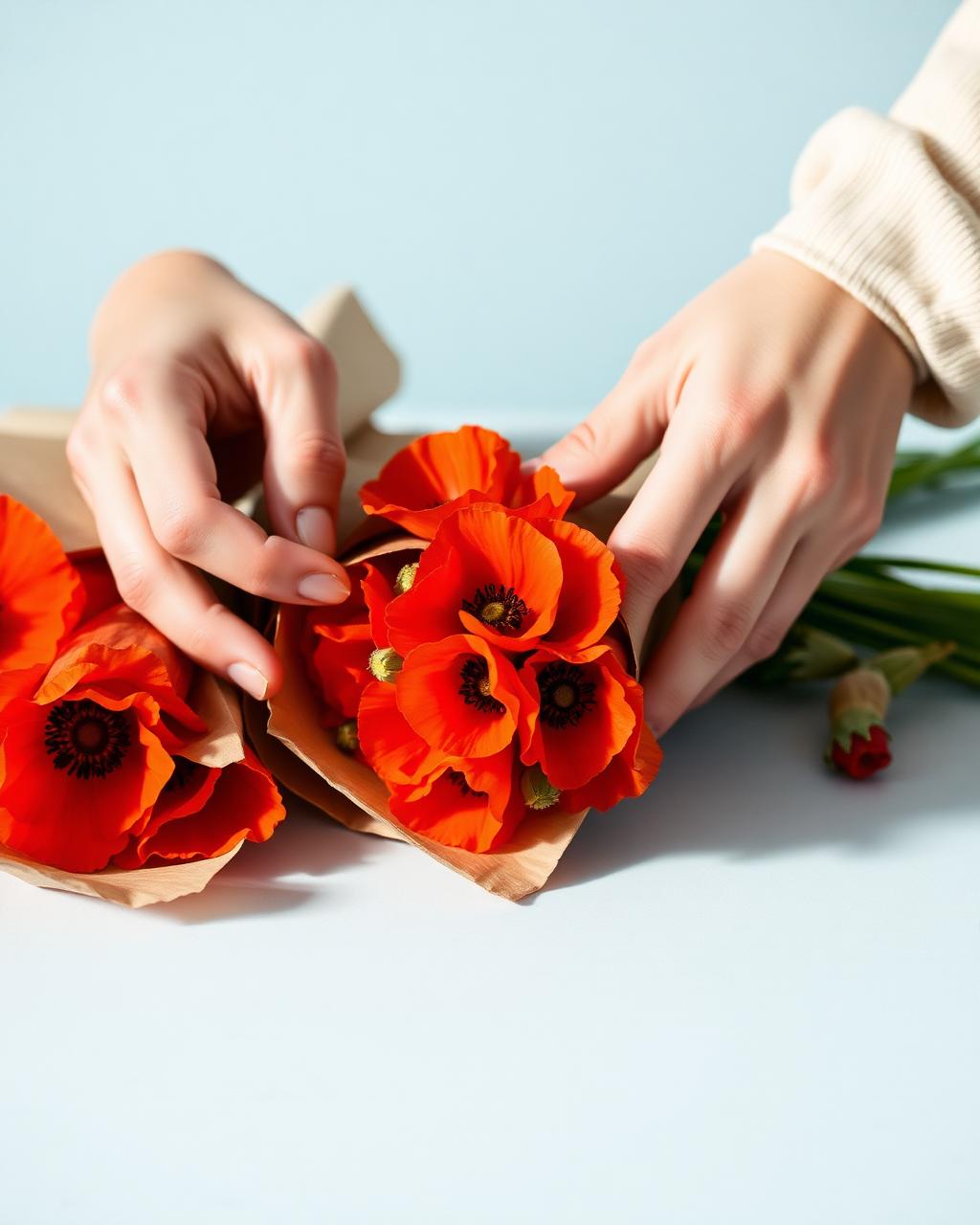 Hands wrapping red poppies in kraft paper